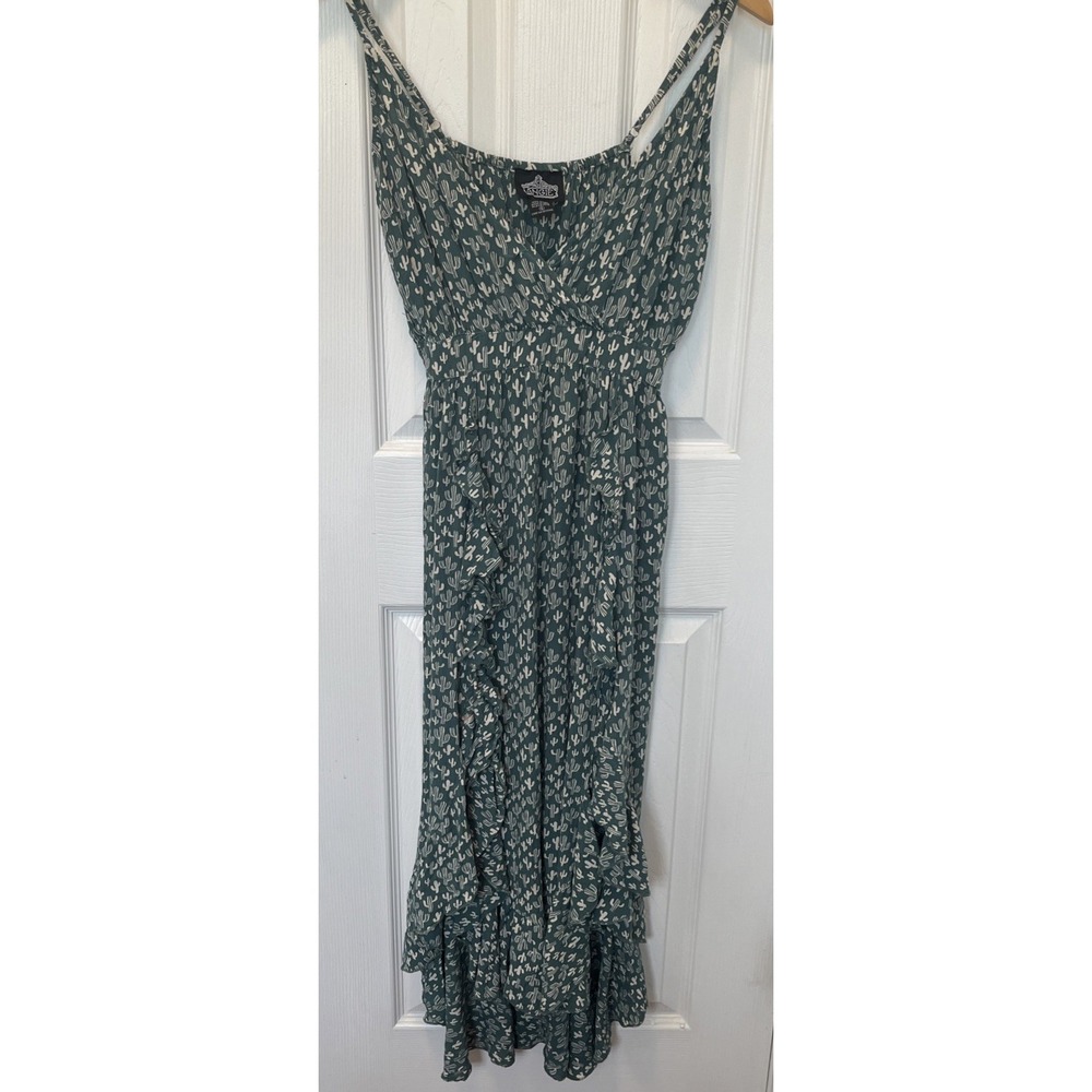 Angie Green Cactus Print Sleeveless Boho Western Ruffle Maxi Dress Size S